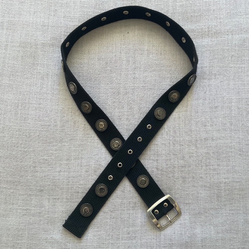 •Vintage Calvin Klein Black Canvas  Belt Silver Metallic Studded Brand Name